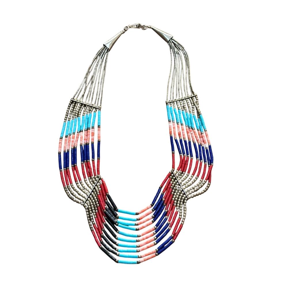 Sterling Silver beaded multistrand bib necklace southwestern gemstones signed
